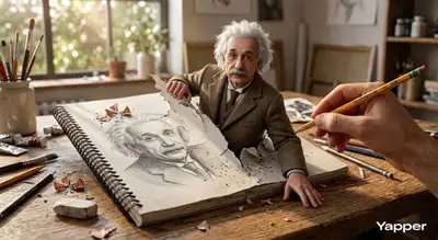 Einstein emerging from a sketchbook drawing