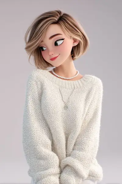 かわいい3Dピクサー風の少女の肖像、ブロンドのボブとニットセーター
