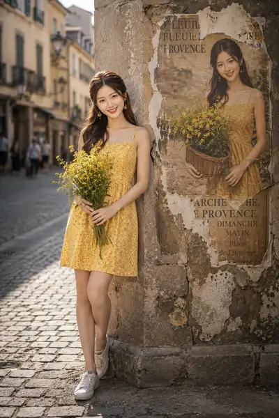Photorealistic Woman in Yellow Sundress on European Street