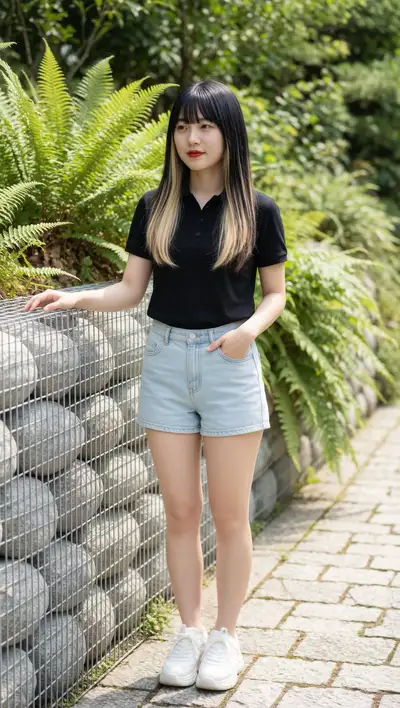 Mujer joven junto a muro de gaviones