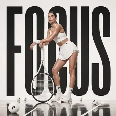 Oversized racket tennis editorial with FOCUS typography, Nano Banana