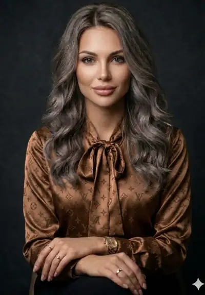 Studio Portrait of Woman in Bronze Satin Blouse