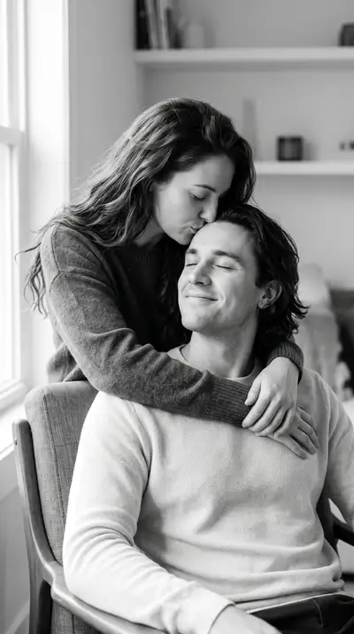 Black and white intimate couple embrace portrait