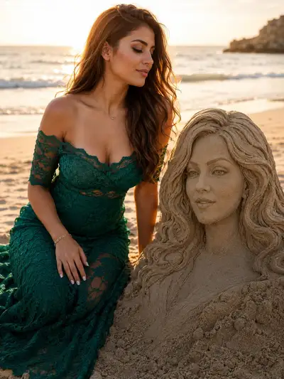 Hyper-realistic beach portrait with sand sculpture
