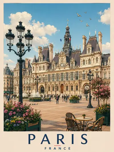 Flacher Vektor-Reiseposter-Prompt: Illustration des Pariser Rathauses