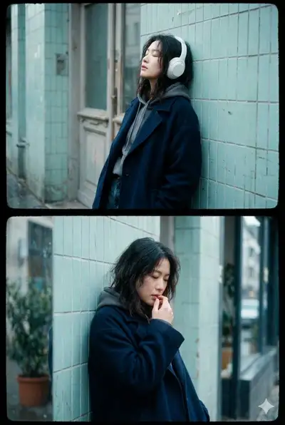 Cinematic Film Still of Young Woman in Urban Alley