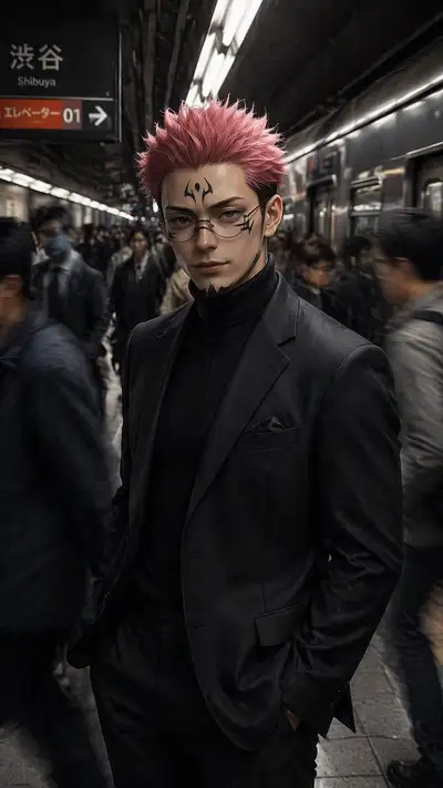 Cinematic subway platform portrait of a man in a tailored suit