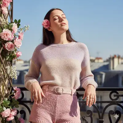 Fashion Portrait with Pink Flowers and Balcony