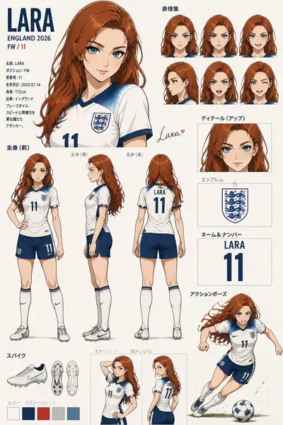 Anime-style character sheet for a football player in kit