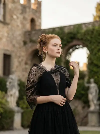 Elegant European castle garden portrait in a lace gown