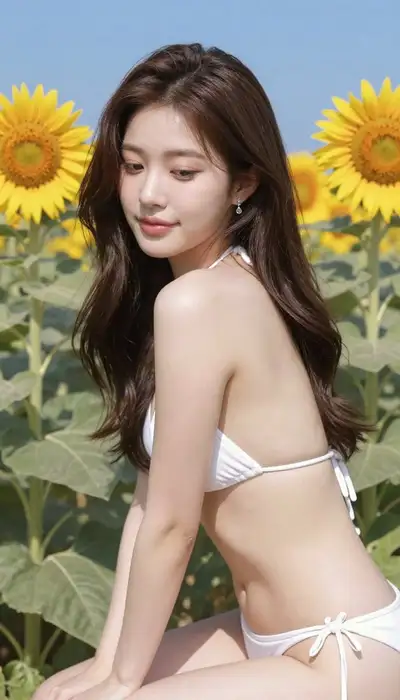 Fotorrealista Retrato Editorial de Mulher Coreana em Campo de Girassóis
