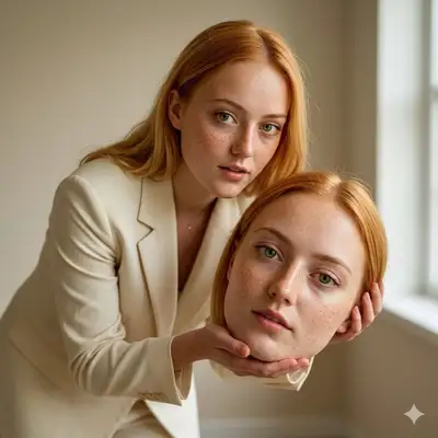 Surreal Portrait: Woman Holding Her Own Head (Pink Hair)
