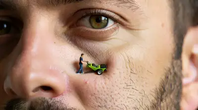 Un homme minuscule tond le chaume de barbe d'un géant comme une pelouse