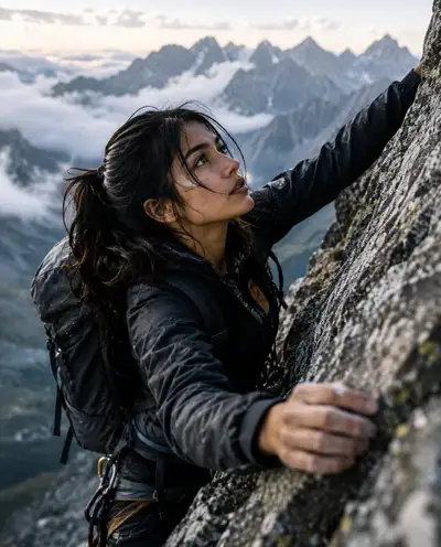 Cinematic Mountaineer Scaling Rugged Peak