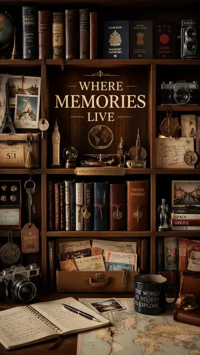 Travel memories shelf poster with journals and old cameras