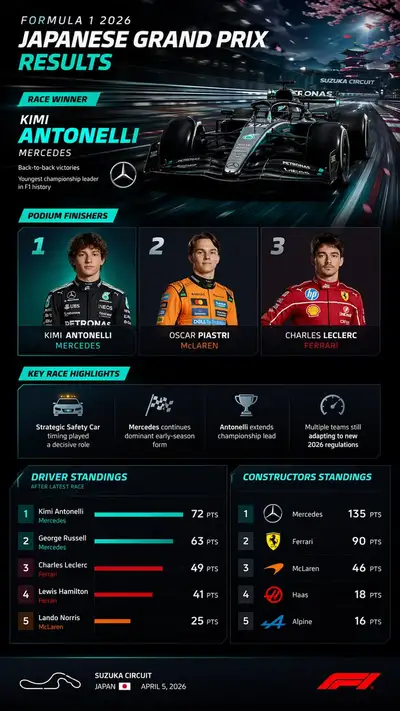 Web-recherchierte F1-Rennergebnisse als vertikale Infografik
