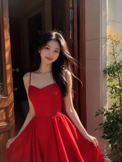 Retrato fotorrealista com vestido de cetim vermelho escarlate junto a uma porta ensolarada