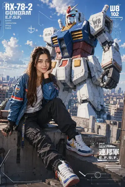 Éditorial mode anime sur un toit avec mecha (GPT Image 2)