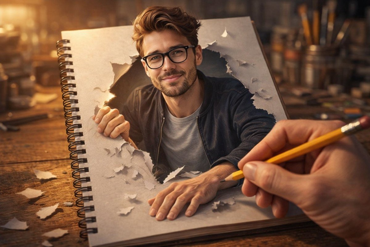 Man breaking out of a sketchbook page 3D illustration prompt