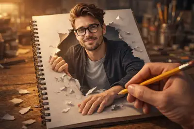 3D-Illustrations-Prompt eines Mannes, der aus einer Skizzenbuchseite ausbricht