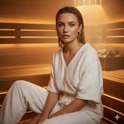 Cinematic wellness portrait in a luxury Finnish sauna