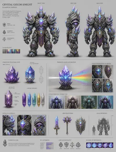 Crystal Golem Knight character sheet prompt