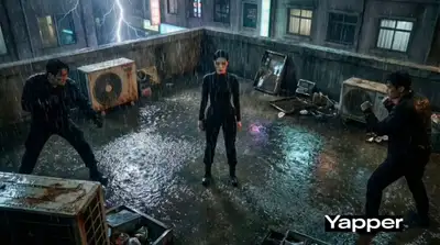 Cinematic Action Sequence: Rain-Slicked Rooftop Fight