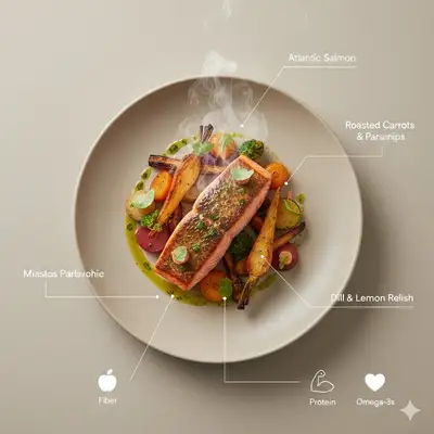 Top-down gourmet plated dish infographic with nutrition labels
