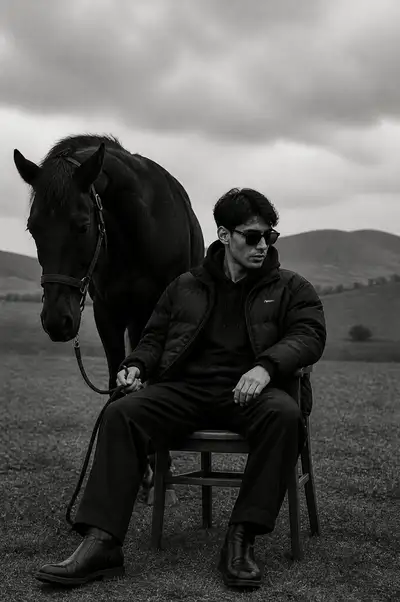 Monochrome editorial portrait of a man with a horse