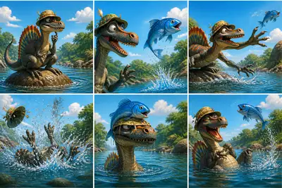 Pixar-style storyboard: Barionix Barry the fisherman