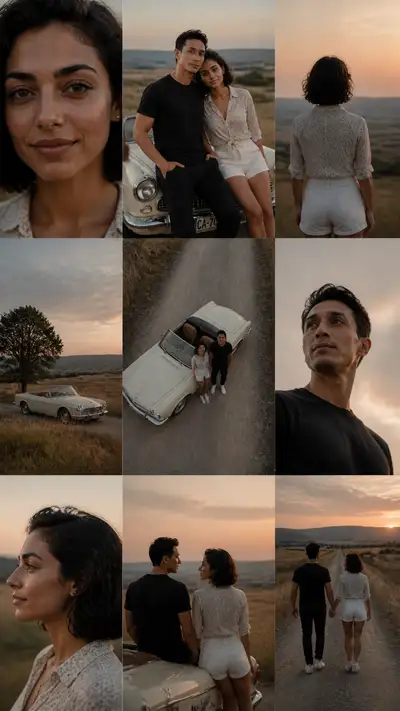 3x3 film still grid of a couple at a countryside road stop