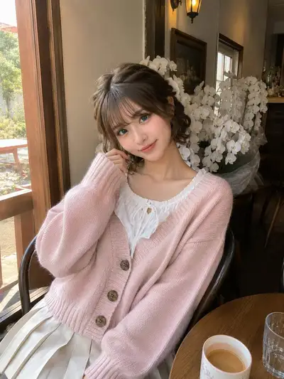 Cozy Cafe Portrait Making a Heart Sign