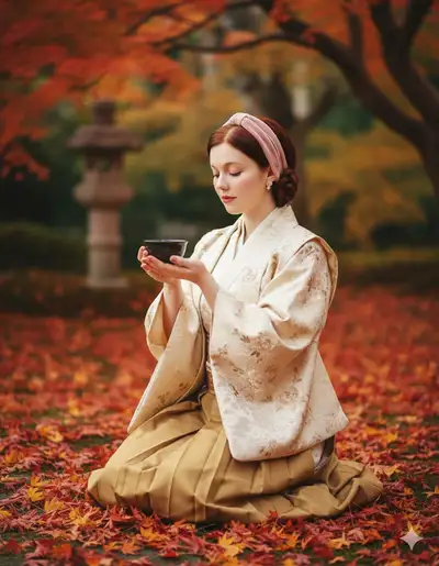 Samurai Offering Tea Bowl in Maple Leaves