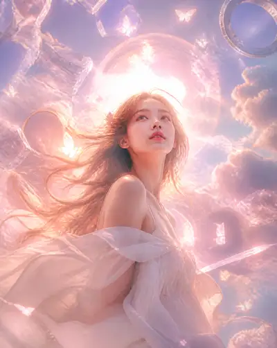 Surreal dreamcore cinematic poster with glowing light
