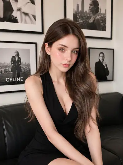 Editorial fashion portrait on a black leather sofa