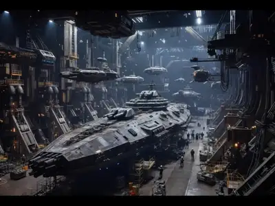 Prompt vidéo de travelling arrière dans un hangar de vaisseau spatial