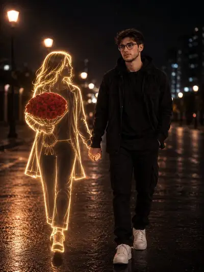 Cinematic Night Street Portrait with Neon Hologram Woman