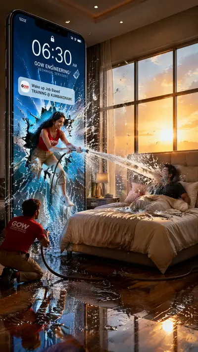 Surreal giant smartphone wake-up scene with water splash explosion