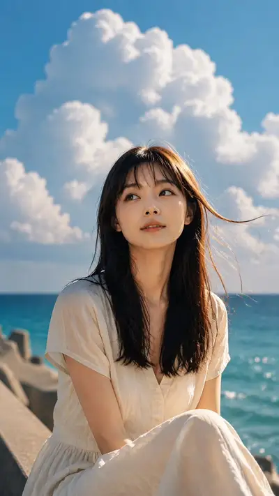 海辺の若い女性の映画的な肖像