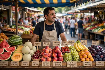 Realistic Turkish market fruit seller news photo