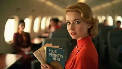 Hyper-realistic retro flight attendant in vintage airplane