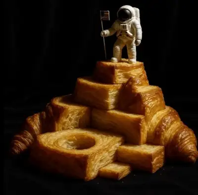Miniature Astronaut on Croissant Pyramid