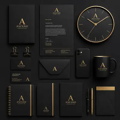 Black and gold corporate branding flat-lay mockup