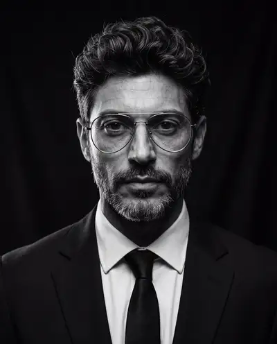 Kinematografisches Studioporträt mit Quiff-Frisur und Pilotenbrille