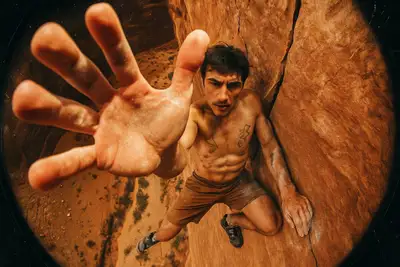 Fisheye Editorial Photo of Boulderer on Desert Cliff