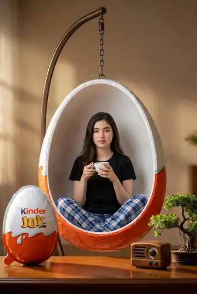 Woman swinging inside a giant Kinder Joy egg chair