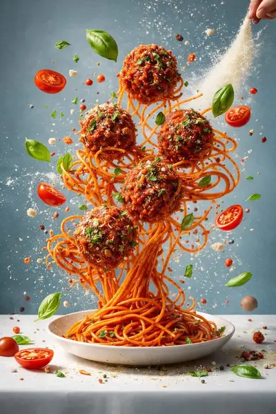 Exploding salad and pasta dishes frozen mid-air