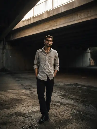 Moody film-style portrait under a concrete overpass