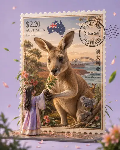 Giant Cute Animal Emerging from Vintage Postage Stamp
