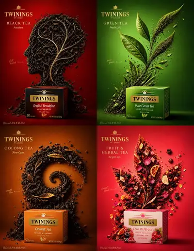 Pôster comercial de chá Twinings em quatro painéis